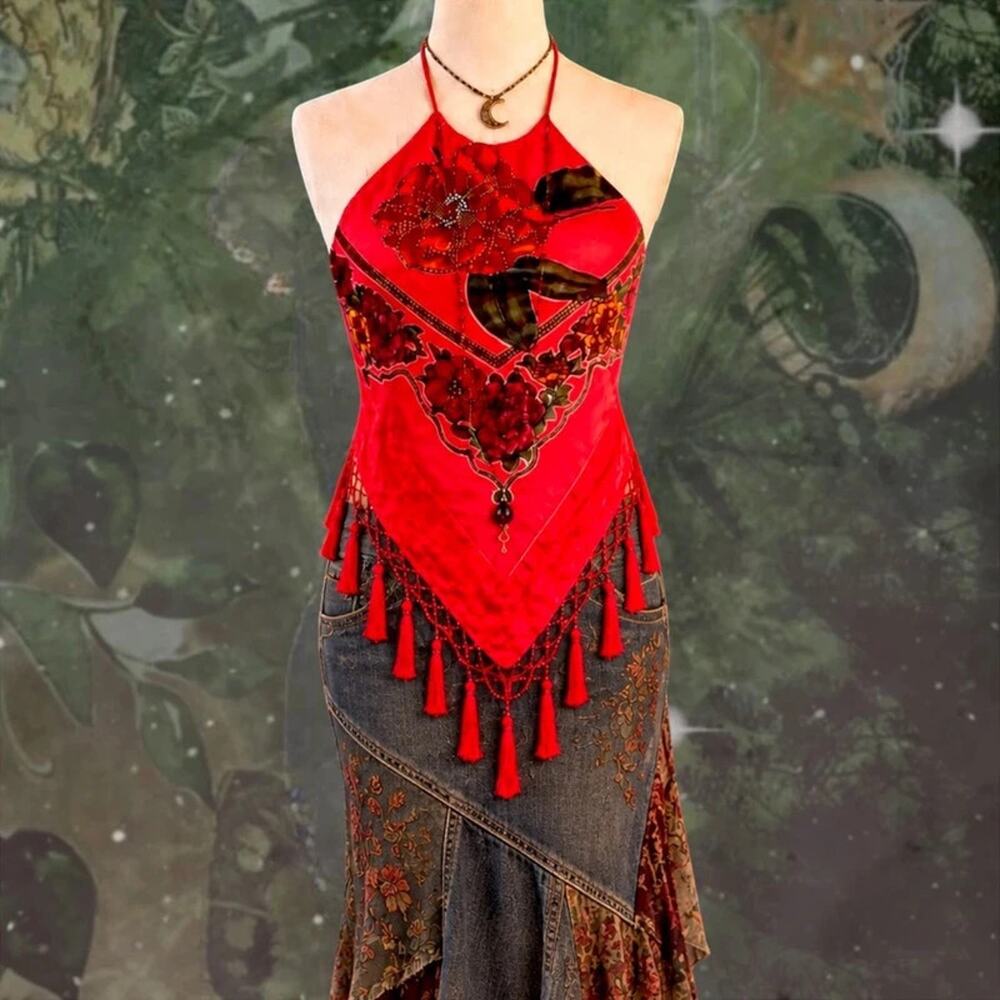 Handmade 100% Silk Red Floral Beaded Halter Top Whimsigoth Boho